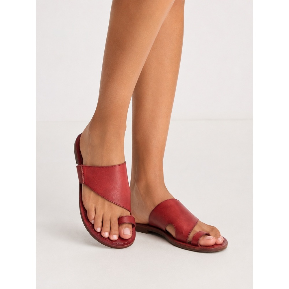 Free People Red Genuine Leather Toe Loop Slide Flat Sandals EU 37 US 7 - Picture 1 of 6